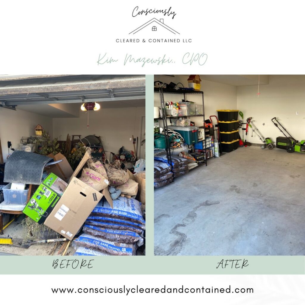 Before and after of a garage, completely decluttered and organized by Consciously Cleared & Contained LLC in Elsmere, DE.