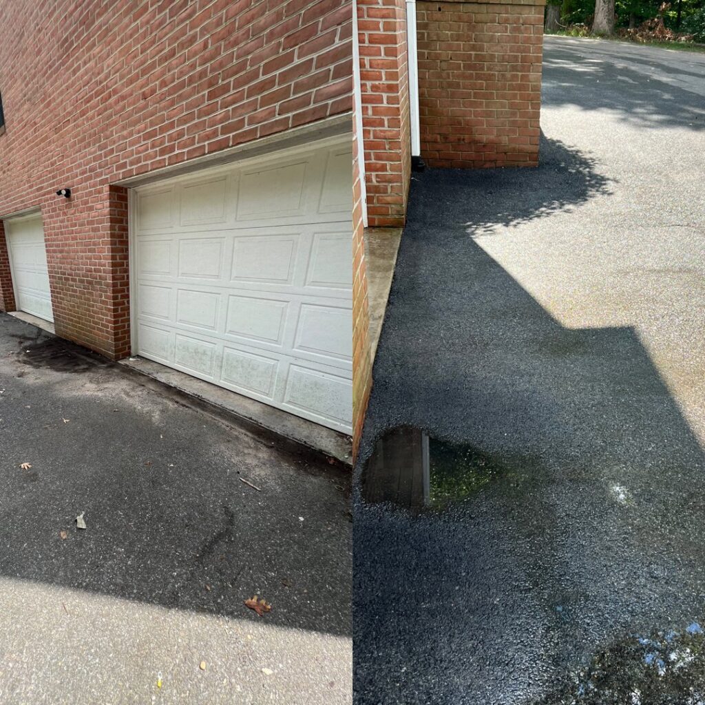 Before and after cleaning of a garage door and asphalt driveway by Miles Dynamic Cleaning in Baltimore, MD