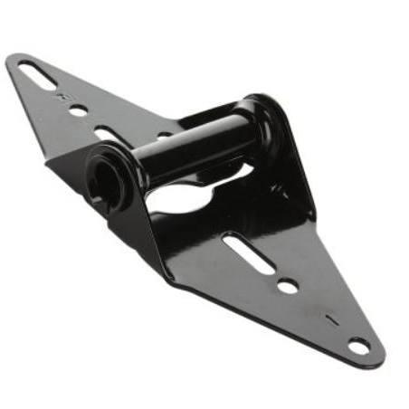 A black garage door hinge, a component used in garage door installation and repair by Laramie Garage Doors in Laramie, WY.