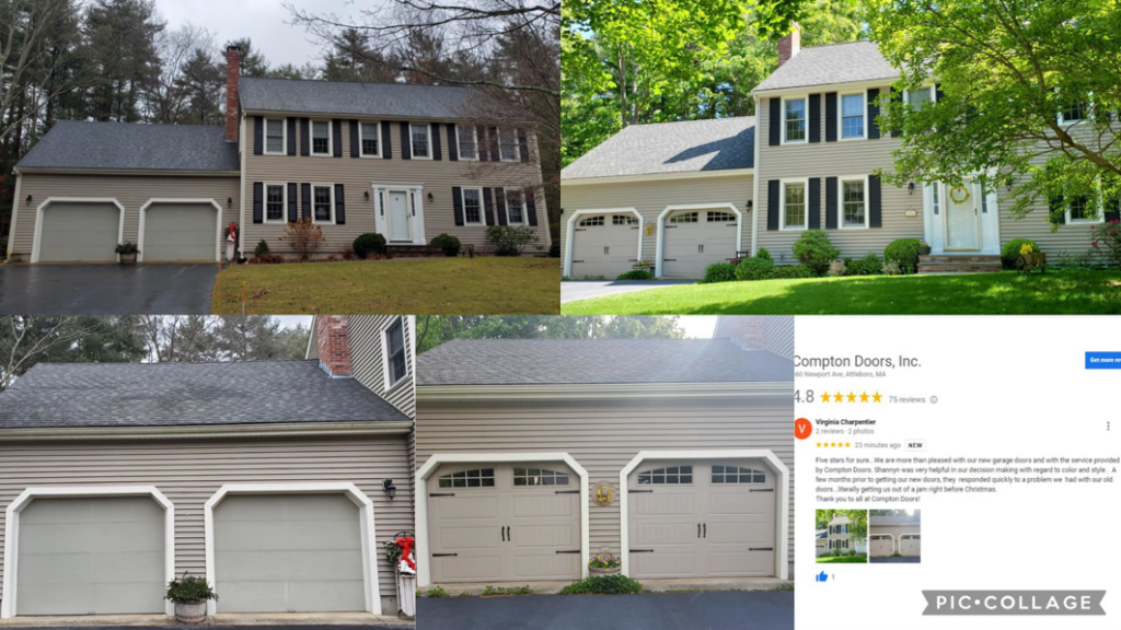 A collage showing before and after views of garage door installation by Compton Doors, Inc. in Attleboro, MA