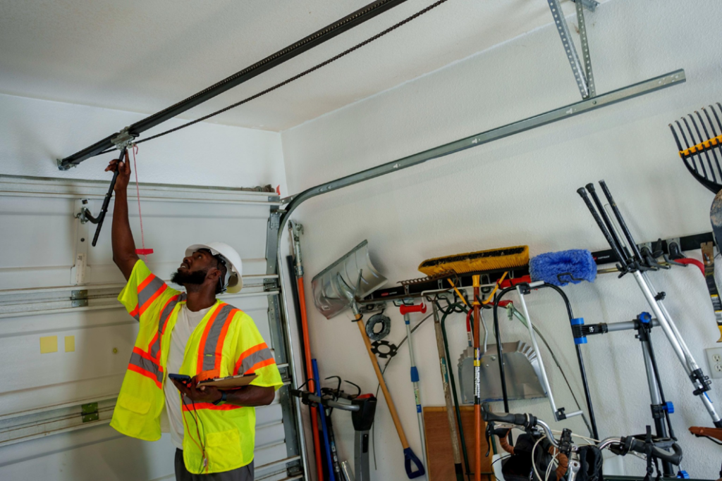 A technician inspecting a garage door opener and tracks for Garage Door Services, Inc. in Omaha, NE.