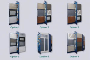 A display showing various garage door panel options and styles available at Standard Door Supply in Portland, ME.