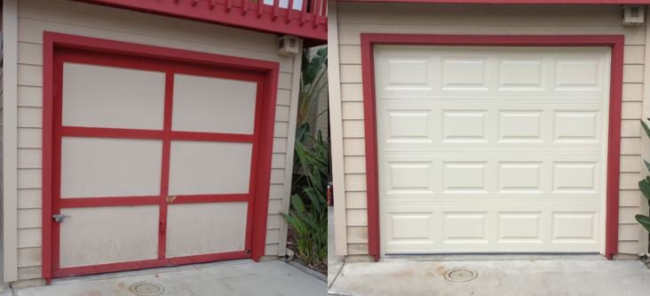 Before and after comparison of a garage door replacement completed by Garage Door Medics in Boise, ID.