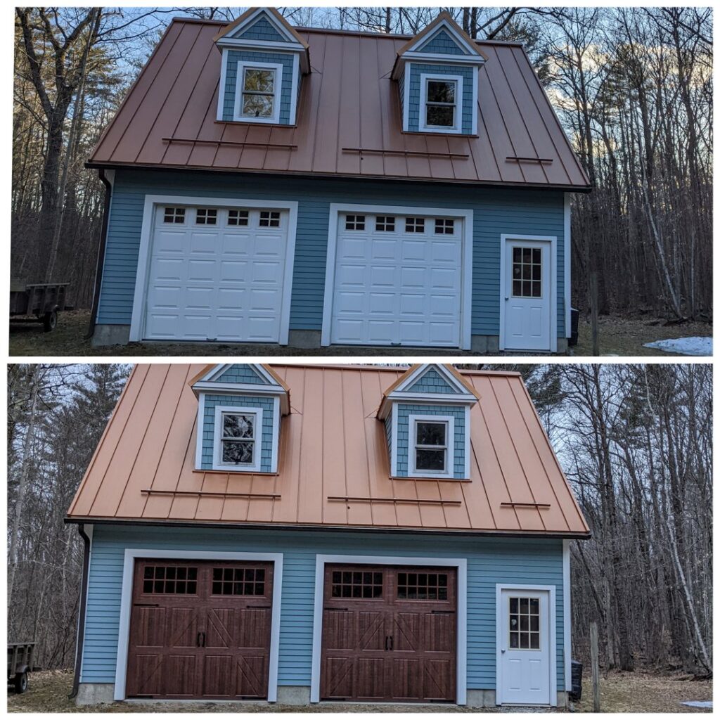 Before and after view of a garage door replacement project by J.A. Overhead Door in Westfield, MA.