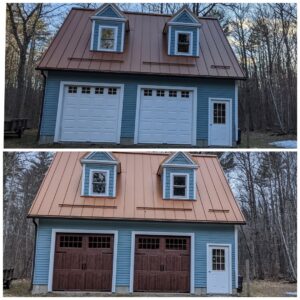 Before and after view of a garage door replacement project by J.A. Overhead Door in Westfield, MA.