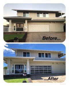 Before and after photos of a garage door replacement by Oahu Garage Doors in Waipahu, HI, showing a new full-view glass door