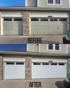 Before and after comparison of a residential garage door replacement by Precision Garage Door Fort Collins in Cheyenne, WY.
