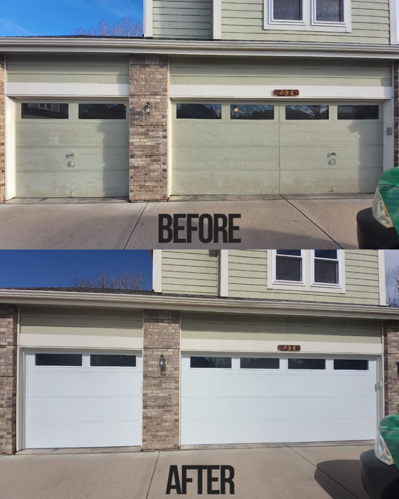 Before and after comparison of a residential garage door replacement by Precision Garage Door Fort Collins in Cheyenne, WY.