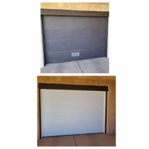 Before and after of a garage door replacement, showing a new white door by Spartan Garage Doors and More in Albuquerque, NM.