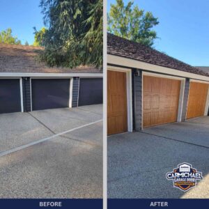 Before and after view of three garage doors upgraded from dark grey to a modern wood-look by Carmichael Garage Door in Carmichael, CA.