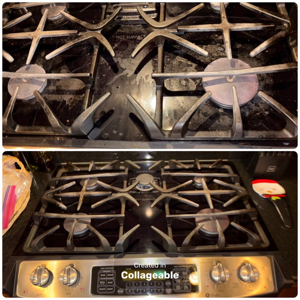 Before and after deep cleaning of a gas stovetop by DG Cleaning Solutions in Sacramento, CA.