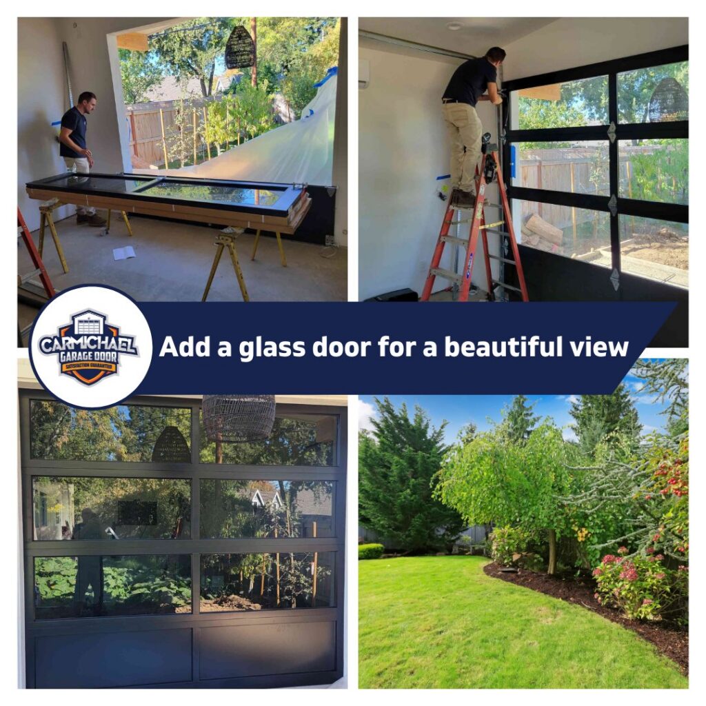 A four-panel image showing the installation process of a modern glass garage door by Carmichael Garage Door in Carmichael, CA.