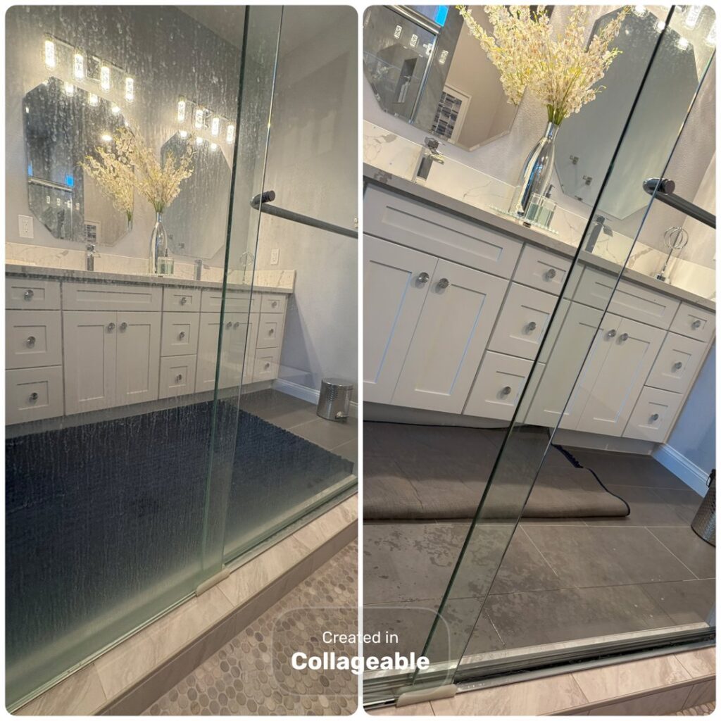 Before and after cleaning of a glass shower door by DG Cleaning Solutions in Sacramento, CA.