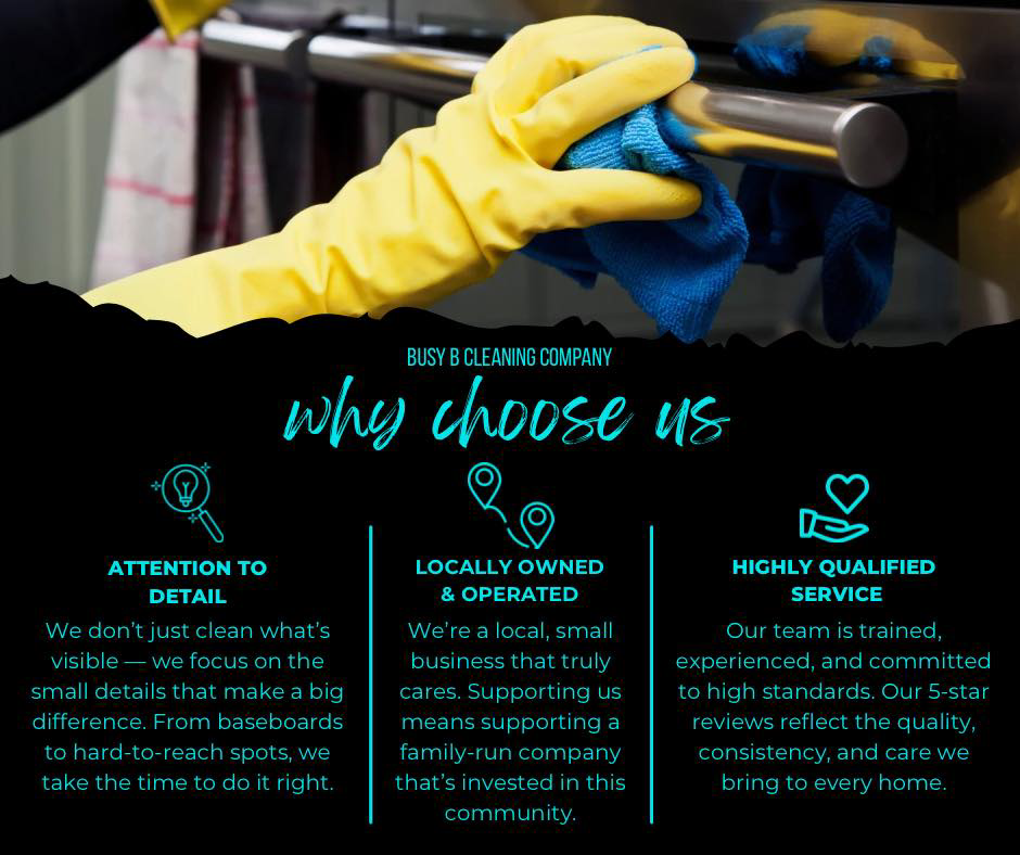 A gloved hand meticulously cleaning an oven handle with a blue cloth, showcasing attention to detail by Busy B Cleaning Company LLC in Wyoming, DE.
