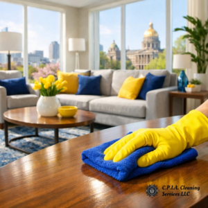 A gloved hand wiping a wooden table in a residential living room, demonstrating CPIA Cleaning Services in Des Moines, IA