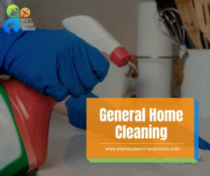 Gloved hands spraying and wiping a surface during general home cleaning by Paynes Cleaning Solutions in Charlotte, NC