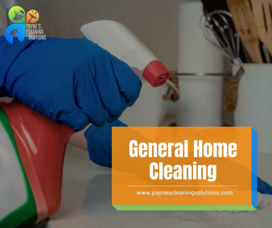 Gloved hands spraying and wiping a surface during general home cleaning by Paynes Cleaning Solutions in Charlotte, NC