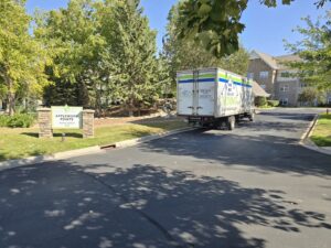 A Goal Line Moving truck parked at Applewood Pointe in Maple Grove, MN.