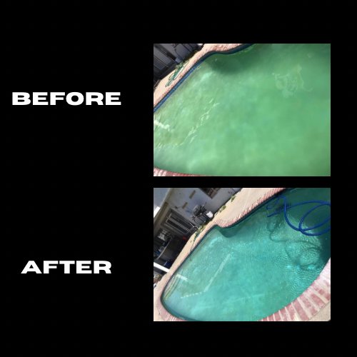 Before and after photos of a green pool restored to clean and blue by Bright Side Pool Service LLC in Broken Arrow, OK.