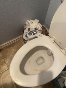 A grimy toilet bowl with a visible ring, demonstrating a challenging cleaning task for Cleaning with Care in Fayetteville, AR.