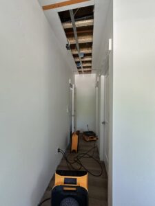 A hallway with an exposed ceiling and air movers drying the floor after water damage remediation by Restorex in Petaluma, CA.