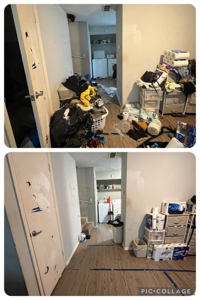 Before and after photos of a hallway and living area cleaned by ACD Cleaning LLC in Cincinnati, OH, showing a tidy space.