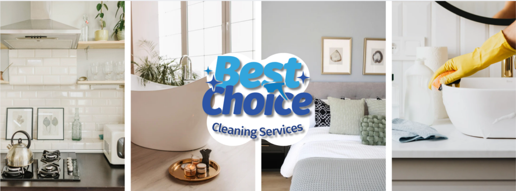 A professional cleaner's hand in a yellow glove scrubbing a sink, part of a collage showcasing Best Choice Cleaning Services in Phoenix, AZ.