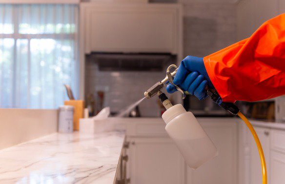 A gloved hand spraying a cleaning solution on a marble kitchen countertop, demonstrating house cleaning by Full Circle Commercial Cleaning in Scottsdale, AZ.