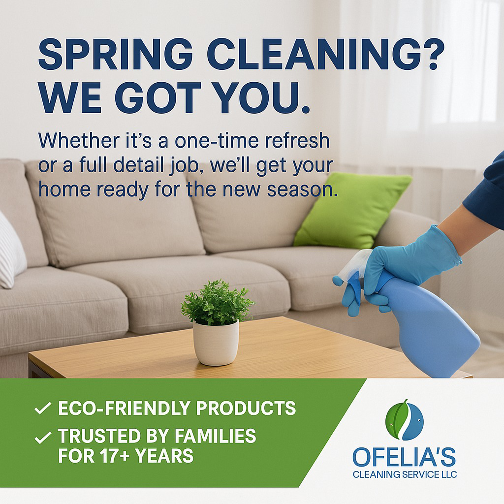 A gloved hand spraying a cleaning solution on a coffee table in a living room by Ofelia's Cleaning Service in Evanston, WY.
