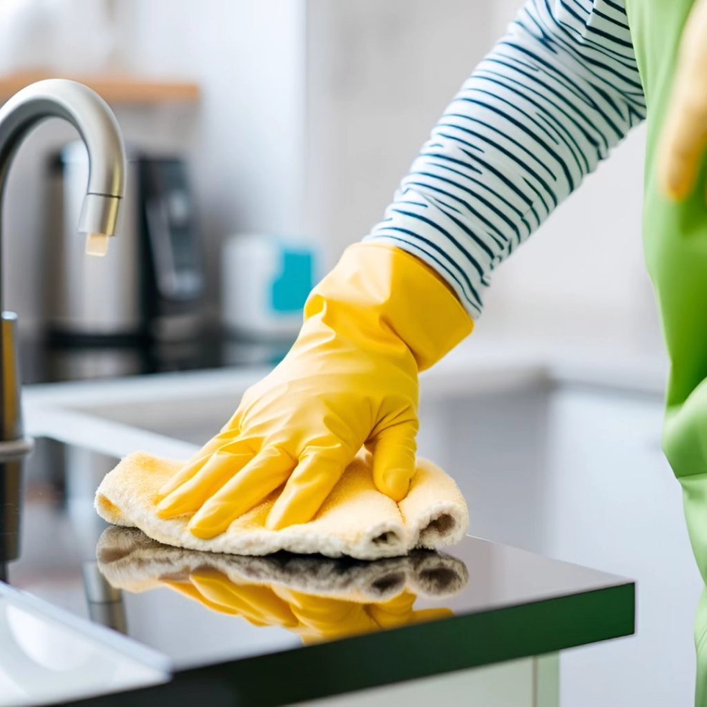 A gloved hand wiping a sparkling clean kitchen countertop, showcasing services by Jessica's sparkling services in Pekin, IL
