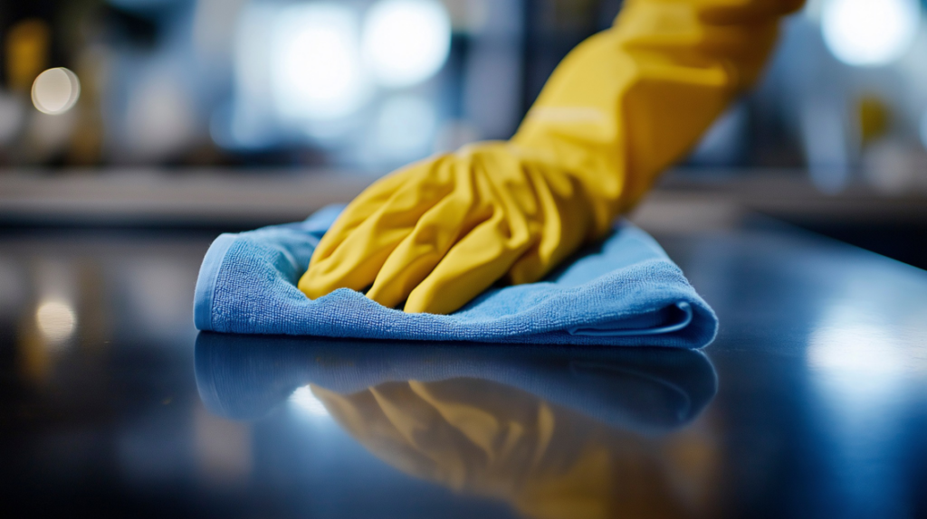 A gloved hand wiping a clean surface with a blue cloth, representing Marymen Cleaning Services in Las Vegas, NV.