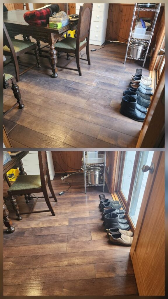 Hardwood floor under furniture before and after cleaning by Wisconsin Cleaners LLC in Green Bay, WI.