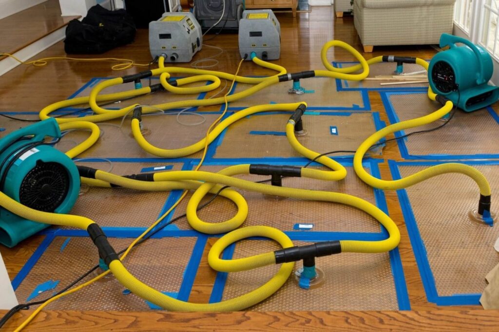 Specialized drying equipment with hoses and air movers set up on a hardwood floor for water damage restoration by Absolute Water Mitigation & Restoration in Greeley, CO