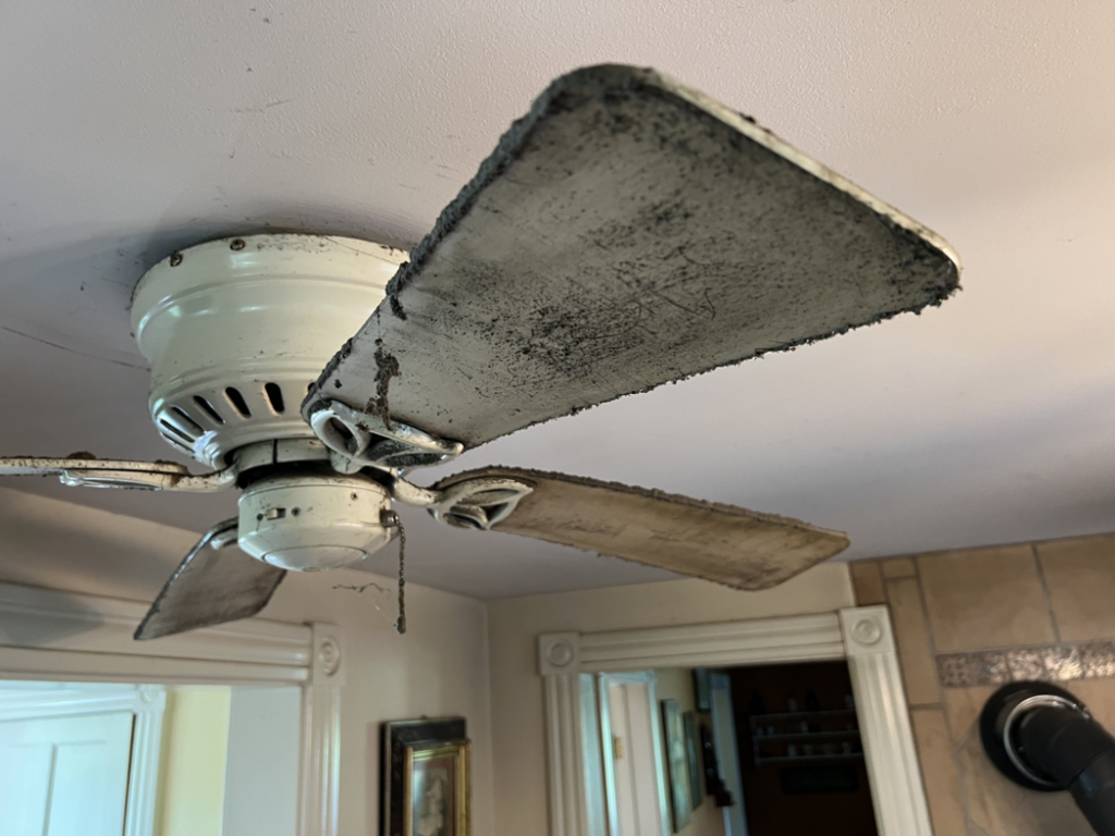 Heavily dusted ceiling fan blades showing need for cleaning by G & S Cleaning Services in Somerville, NJ.