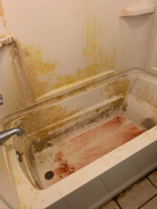 A heavily stained and grimy bathtub before a deep cleaning service by Tip Top Cleaning in Champaign, IL.