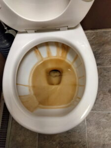 A heavily stained toilet bowl with visible mineral deposits, showing a before-cleaning state by CleanSlate Cleaning Company in Lansing, MI.