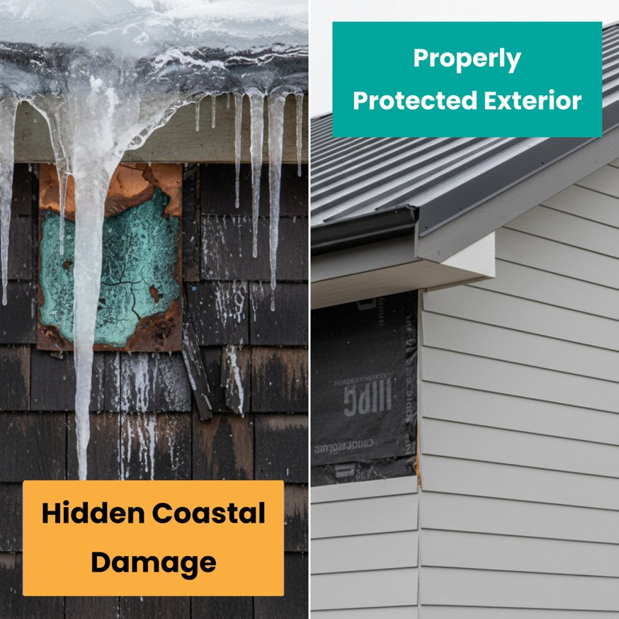 A split image showing hidden coastal water damage on an exterior and a properly protected exterior by Peach3 Group in New Rochelle, NY.