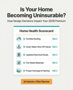 A home health scorecard highlighting smart water shut-off valves and proper drainage for water damage prevention by Peach3 Group in New Rochelle, NY.
