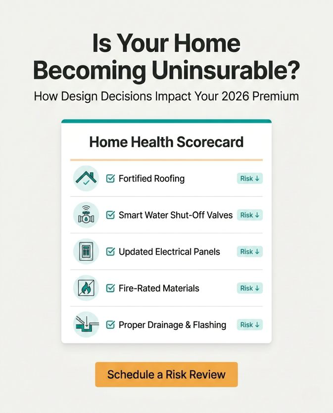 A home health scorecard highlighting smart water shut-off valves and proper drainage for water damage prevention by Peach3 Group in New Rochelle, NY.