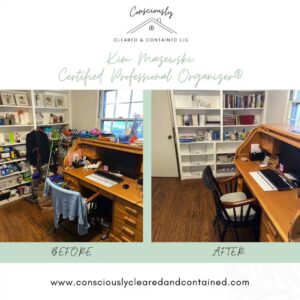 Before and after of a home office desk and bookshelves, organized by Consciously Cleared & Contained LLC in Elsmere, DE.