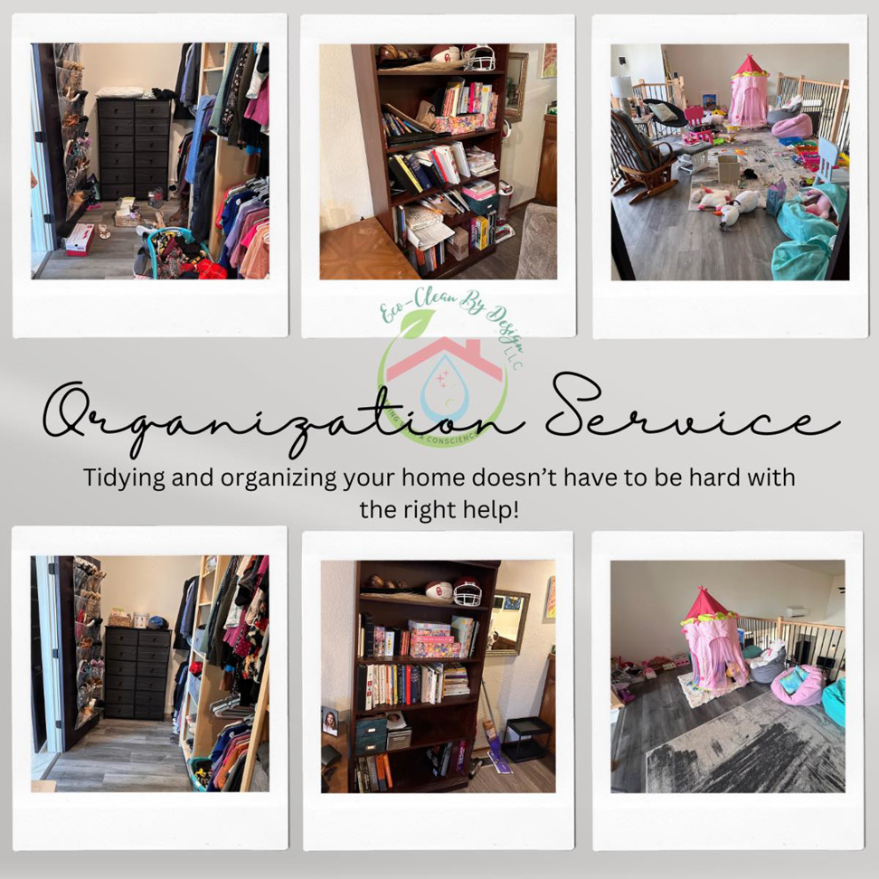 Before and after photos showcasing a professional home organization service by Clean By Design, LLC in Norman, OK.