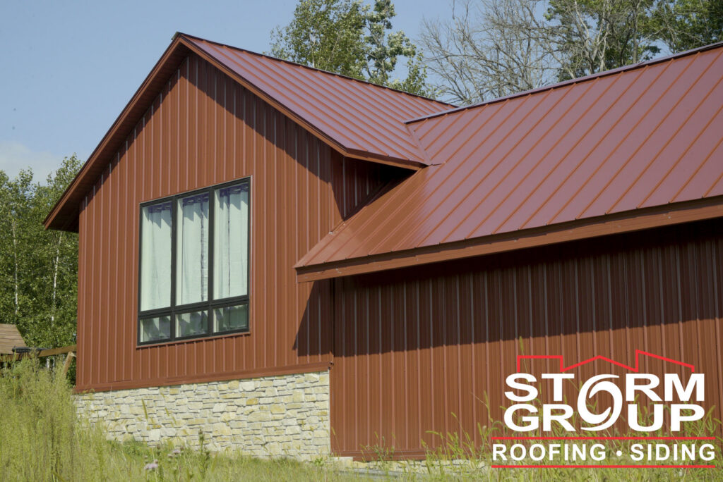 A house featuring new brown vertical siding installed by Storm Group Roofing in Brooklyn Park, MN.