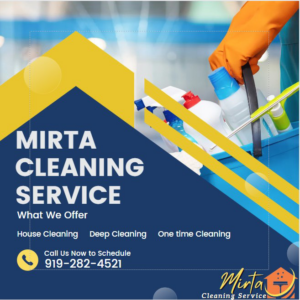 A professional house cleaner from Mirta Cleaning Services in Durham, NC, carrying a caddy with cleaning supplies.