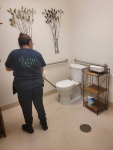 A professional house cleaner from ECO Friends cleaning service meticulously cleaning a bathroom toilet in Carson City, NV.