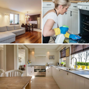 A house cleaner wearing gloves and cleaning an oven stovetop as part of services by Clean Home Nash in Nashville, TN.