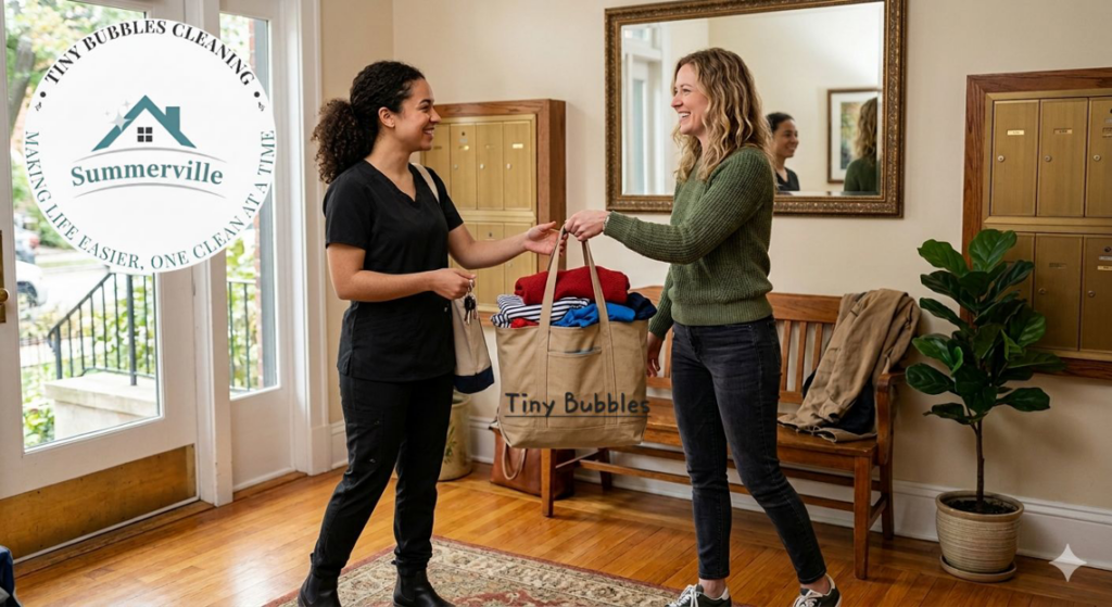A house cleaner from Tiny Bubbles Cleaning delivering fresh laundry to a client in Summerville, SC.