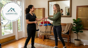 A house cleaner from Tiny Bubbles Cleaning delivering fresh laundry to a client in Summerville, SC.