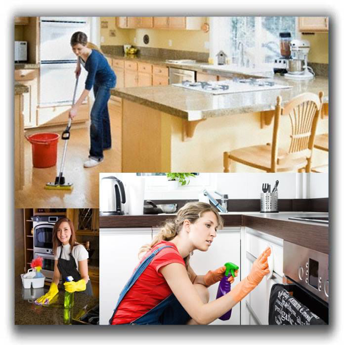 A house cleaner mopping a kitchen floor and cleaning cabinets for San Tan Janitorial in Queen Creek, AZ
