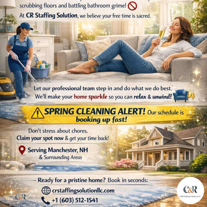 A house cleaner from CR Staffing Solution LLC mopping a living room floor in Manchester, NH.