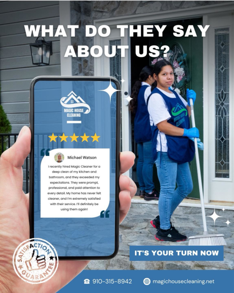A house cleaner in uniform holding a broom outside a home, representing Magic House Cleaning in Fayetteville, NC.